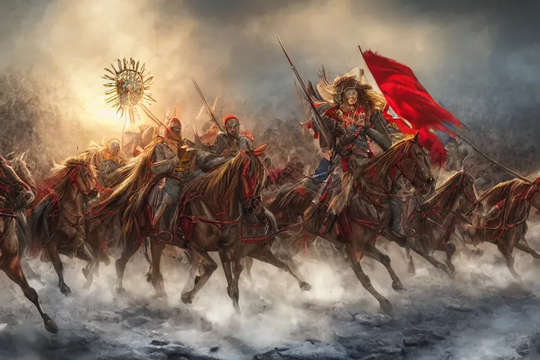 Image similar to Majestic powerfull red white Winged Hussars cavalry horde charging at ugly rainbow demons and trolls on ground, huge golden cross above them on the sky, white red eagle helping hussars, blood, snow, wide angle, professional kodak lenses, magic, fire, face painting, dramatic lighting, intricate, wild, highly detailed, digital painting, artstation, concept art, smooth, sharp focus, illustration, art by artgerm and greg rutkowski and alphonse mucha, footage from space camera