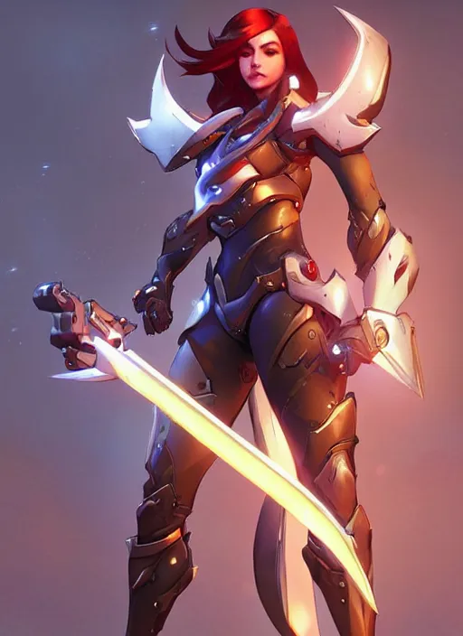 Prompt: beautiful new character for overwatch, full body armor, dual wielding swords, super powers, long red hair, intricate design, shiny, art by artgerm and greg rutkowski