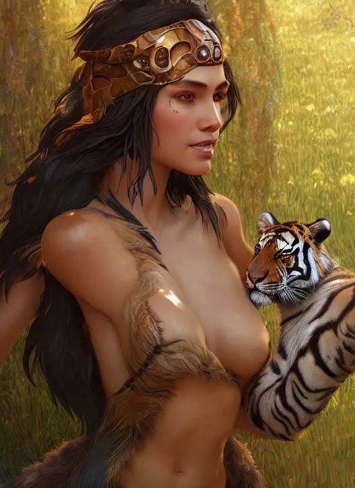 Image similar to nidalee, au naturel, hyper detailed, digital art, trending in artstation, with a tiger, cinematic lighting, studio quality, smooth render, unreal engine 5 rendered, octane rendered, art style by klimt and nixeu and ian sprigger and wlop and krenz cushart