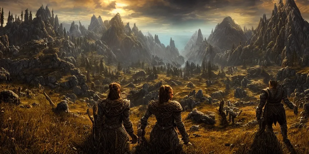 Image similar to the elder scrolls vi, outside of dwemer ruin in the mountain, atmospheric lighting, painted, intricate, volumetric lighting, beautiful, daytime, sunny weather, slight overcast, golden hour, sharp focus, deep colours, ultra detailed, by leesha hannigan, ross tran, thierry doizon, kai carpenter, ignacio fernandez rios