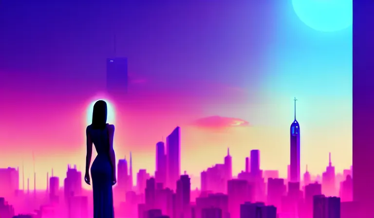 Prompt: a beautiful and immaculate futuristic city. the silhouette of a beautiful young woman standing in an alleyway. vaporwave ombre rendering. outrun style. trending on artstation. recommended for you behance. by chris moore. by edward hopper. beeple colors. metropolis filmic. gotham city.