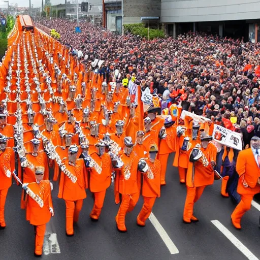 Prompt: orange order marching into mordor with mr tayto leading the march, high - quality photo