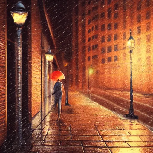 Image similar to a cute orange tabby cat on a sidewalk, it is night and raining, street lamps are illuminating the street, moody lighting, peaceful atmosphere, digital art, highly detailed, high contrast, beautiful lighting, award winning, trending on art station, 8 k,