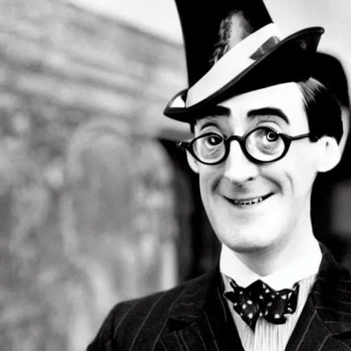 Prompt: a black and white photo of jacob rees - mogg as the childcatcher, chitty chitty bang bang