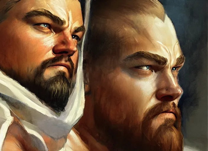 Image similar to a highly detailed beautiful portrait of leonardo dicaprio as kratos, by gregory manchess, james gurney, james jean