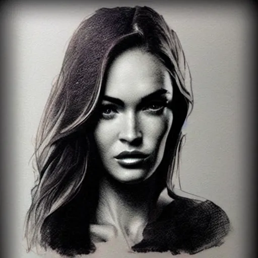 Image similar to double - exposure effect of megan fox face blended with beautiful mountains, in the style of dan mountford, amazing detail, black and white, tattoo sketch