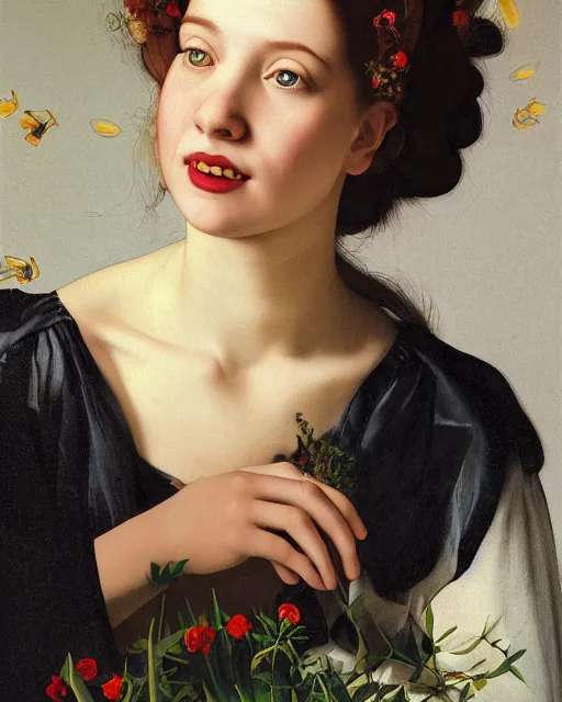 Image similar to a happy a young woman wearing a sophisticated dress, among the lights of golden fireflies and nature, long loose red hair, intricate details, green eyes, freckles on the nose, round gentle smiling face, golden ratio, high contrast, photorealistic digital art by artemisia lomi gentileschi and caravaggio and artgerm.
