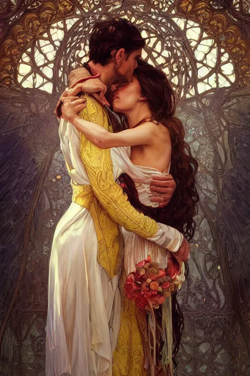 Image similar to portrait of a man in dhl van hugging his wife, feelings, romantic, fantasy, intricate, elegant, highly detailed, digital painting, artstation, concept art, smooth, sharp focus, illustration, art by artgerm and greg rutkowski and alphonse mucha