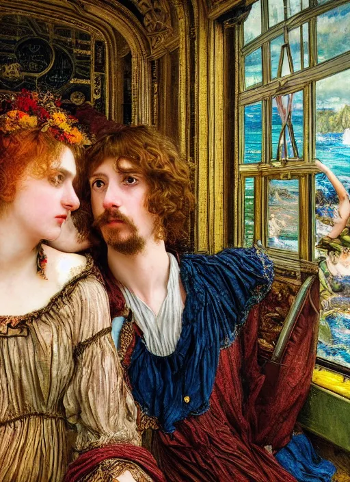 Prompt: detailed colourful masterpiece of intricate preraphaelite photography couple portrait sat down extreme closeup, love, inside a full underwater train, detailed realistic expressions, wearing unusual clothes, by ford madox brown and william powell frith and frederic leighton and john william waterhouse and william morris, ultra wide angle