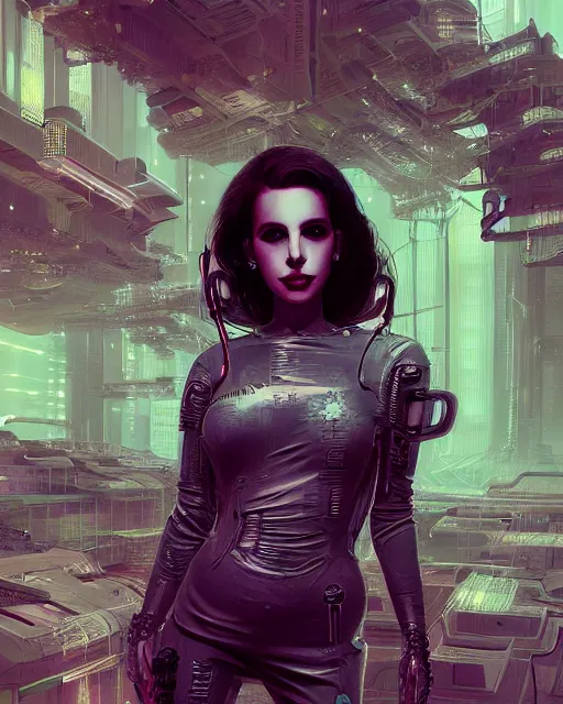 Image similar to portrait of lana del rey as a cyberpunk cyborg. roses, sci - fi, intricate abstract upper body intricate artwork, by tooth wu, wlop, beeple, dan mumford. concept art, octane render, deviantart, greg rutkowski, cinematic arthouse, key art, hyper realism, iridescent accents