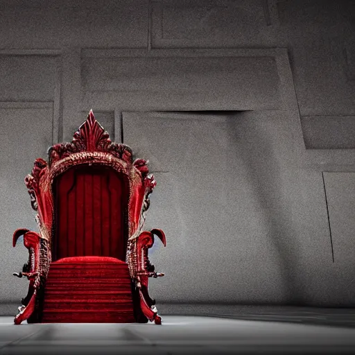 Prompt: a solitary king sitting on a crumbling throne, head in hands, in dark throne room, red carpet leading to throne, depressed, somber, film still, trending on artstation, high detail, in the style of Beeple