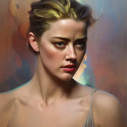 Image similar to hyperrealist portrait of a woman as amber heard staring down on a magical bowl of water. by jeremy mann and alphonse mucha, fantasy art, photo realistic, dynamic lighting, artstation, poster, volumetric lighting, very detailed faces, 4 k, award winning