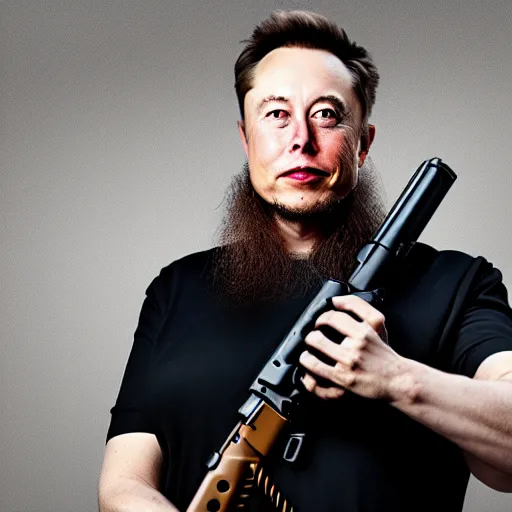 Prompt: a portrait elon musk wearing a long beard joining the taliban while holding a rifle, fine details, 8 k photography, depth of field, bokeh. i