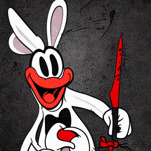 Prompt: laughing bugs bunny stabs mickey mouse with a bowie knife, blood spray, horror, intimidating, insanely detailed, photorealistic, 8 k, trending on artstation.