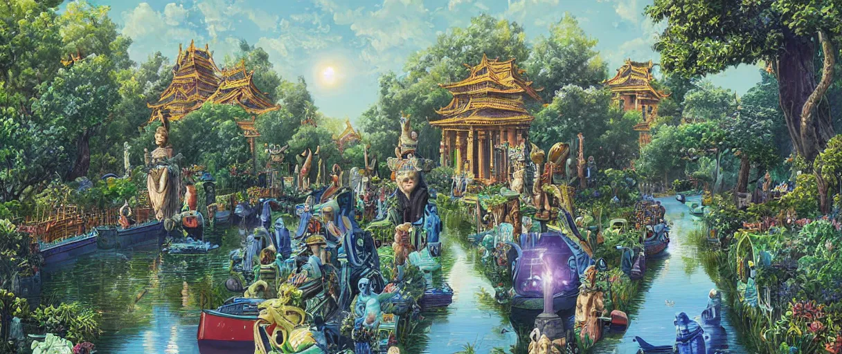 Prompt: a beautiful painting of a canal leading to a forbidden temple lined with stone statues of anthropomorphic Feline Gods by Tim White | graphic novel, illustration:.4