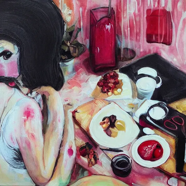 Image similar to “ sensual, a portrait in a female art student ’ s apartment, pancakes, woman drinking an iced latte from a painting, berries, art supplies, a candle dripping white wax, berry juice drips, neo - expressionism, surrealism, acrylic and spray paint and oilstick on canvas ”