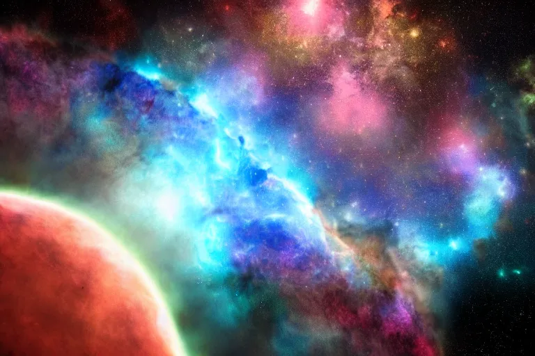 Image similar to orbit of a bizzare magical planet in unbelievable nebula, cinematic realistic render,