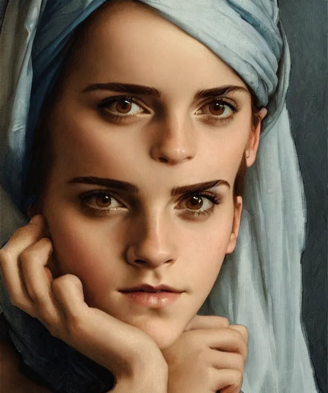 Image similar to Emma Watson as the girl with the pearl earring, highly detailed, digital painting, artstation, concept art, smooth, sharp focus, illustration, ArtStation, art by artgerm and greg rutkowski and alphonse mucha and J. C. Leyendecker and Edmund Blair Leighton and Katsuhiro Otomo and Geof Darrow and Phil hale and Ashley wood and Ilya repin and Charlie Bowater