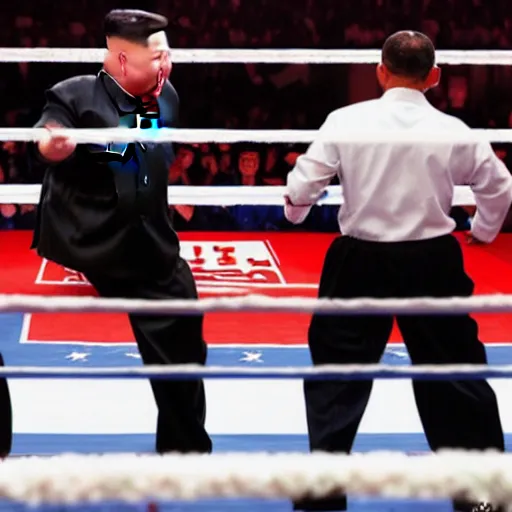 Prompt: kim jong un boxing match with barack obama