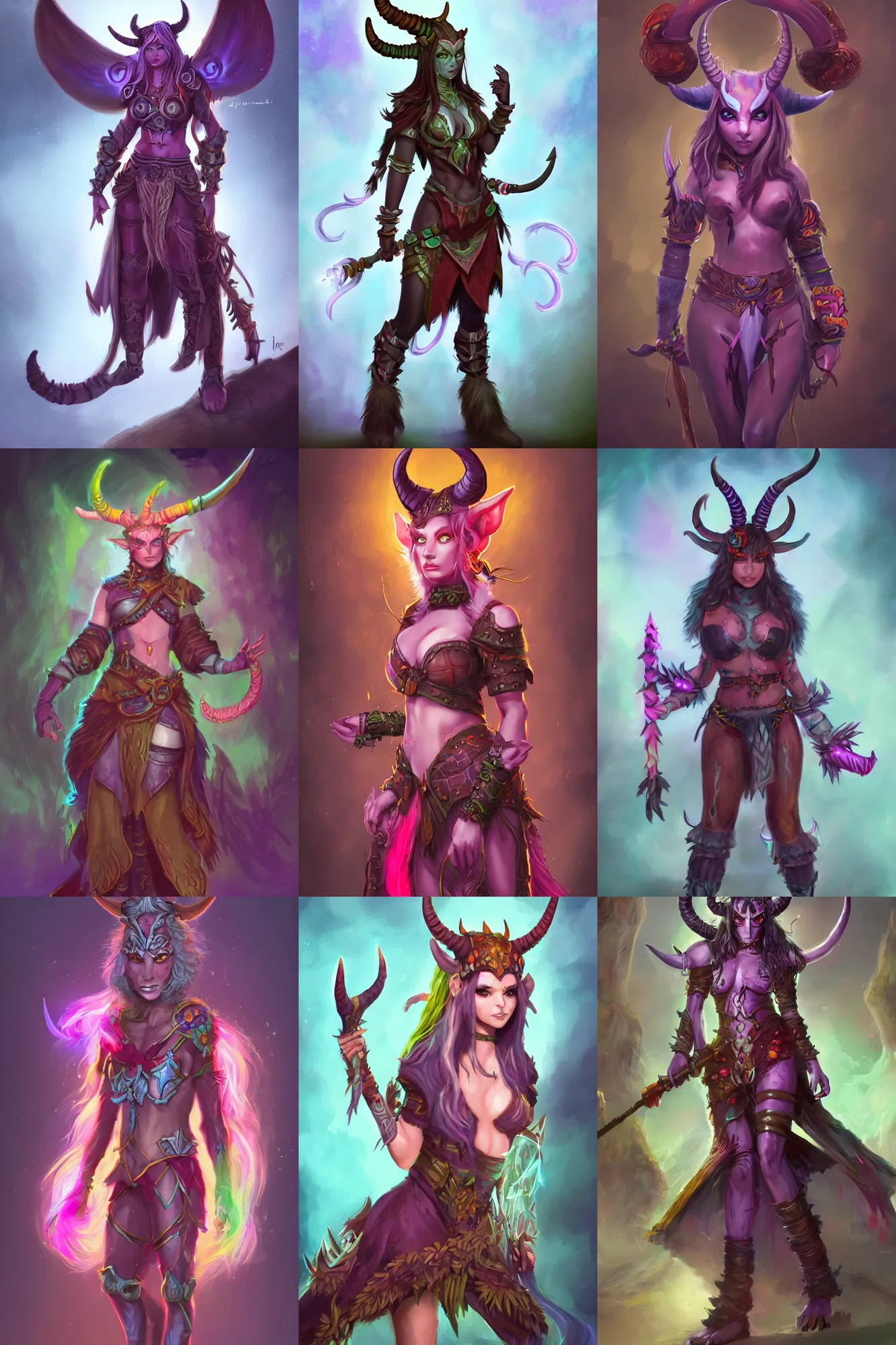 Prompt: cute Tiefling Druid with cute horns, colorful light leather armor ,long demon tail wrapping around highly detailed, digital painting, artstation, concept art, sharp focus, illustration