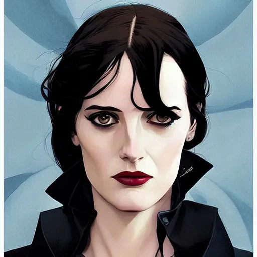 Prompt: Joshua Middleton comic art, stunning elegant female Eva Green, spy, eye patch over left eye,beautiful evil smile, symmetrical face, symmetrical eyes, leather clothing, long straight black hair, full body, MIdnight