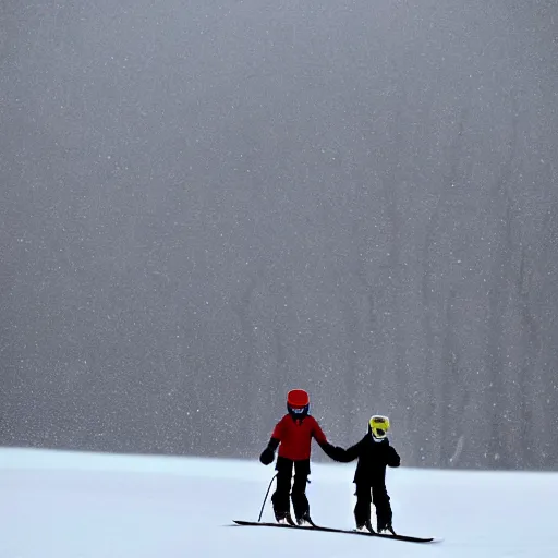 Prompt: a father and son snow skiing, minimalism