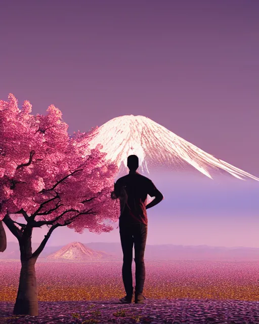 Image similar to A warrior standing near a cherry blossom tree, he is looking at a volcanic mountain that is erupting, 3d render, digital art