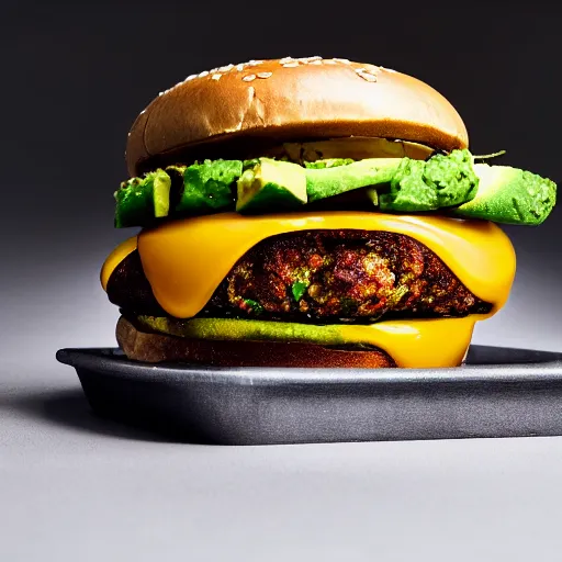 Image similar to juicy vegan hamburger topped with avocado and onion and a vegan fried egg, crispy buns, 8 k resolution, professional food photography, studio lighting, sharp focus, hyper - detailed