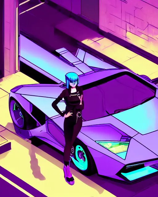 Image similar to digital illustration of cyberpunk pretty girl with blue hair, standing in front of a purple lamborghini, in city street at night, by makoto shinkai, ilya kuvshinov, lois van baarle, rossdraws, basquiat