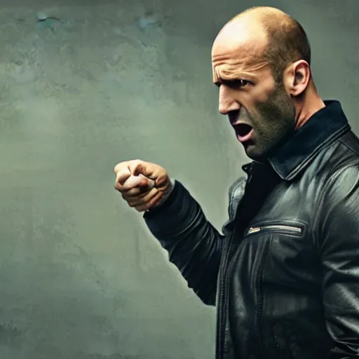 Image similar to ultra realistic professional photo of Jason Statham yelling at a lemon