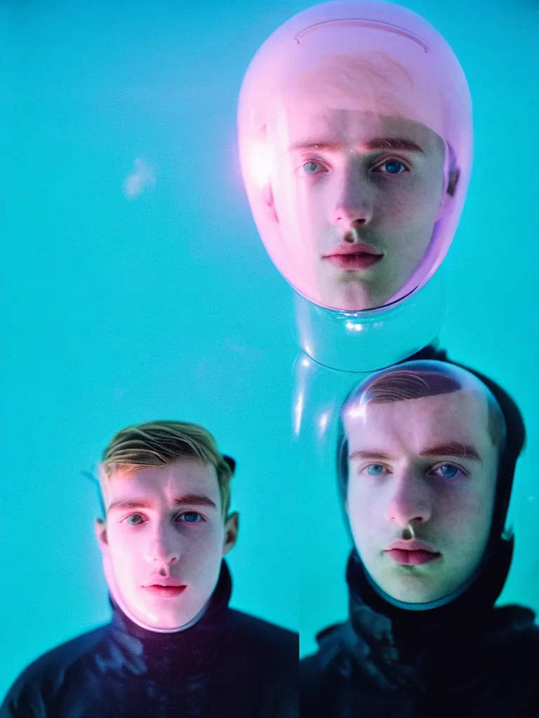 Prompt: high quality pastel coloured film portrait photograph of a beautiful twenty year young male, soft facial features, short hair, perspex space helmet and oversized inflated clothing!! icelandic black rock pool environment. atmospheric three point light. photographic. art directed. ( pastel colours ). volumetric. clearcoat. waves. 8 k. filmic.