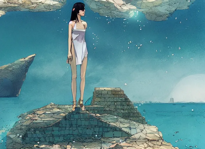 Image similar to lee jin - eun in luxurious dress emerging from turquoise water in egyptian pyramid city during an eclipse by android james, conrad roset, m. k. kaluta, martine johanna, rule of thirds, elegant look, beautiful, chic