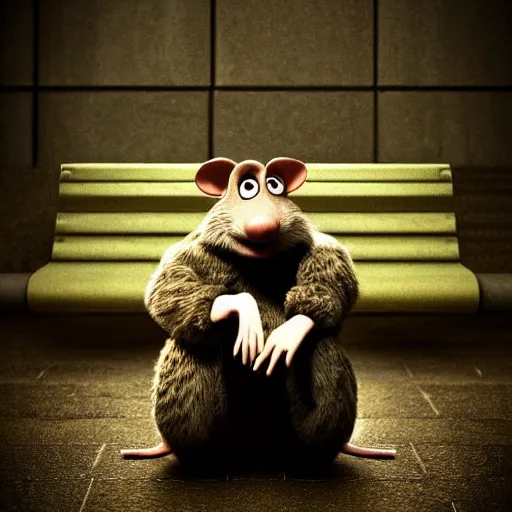 Image similar to sad anthropomorphic rat, pixar, 3 d, sad, lonely, moody lighting, wearing a fur coat, in the rain, at night, sitting on a park bench