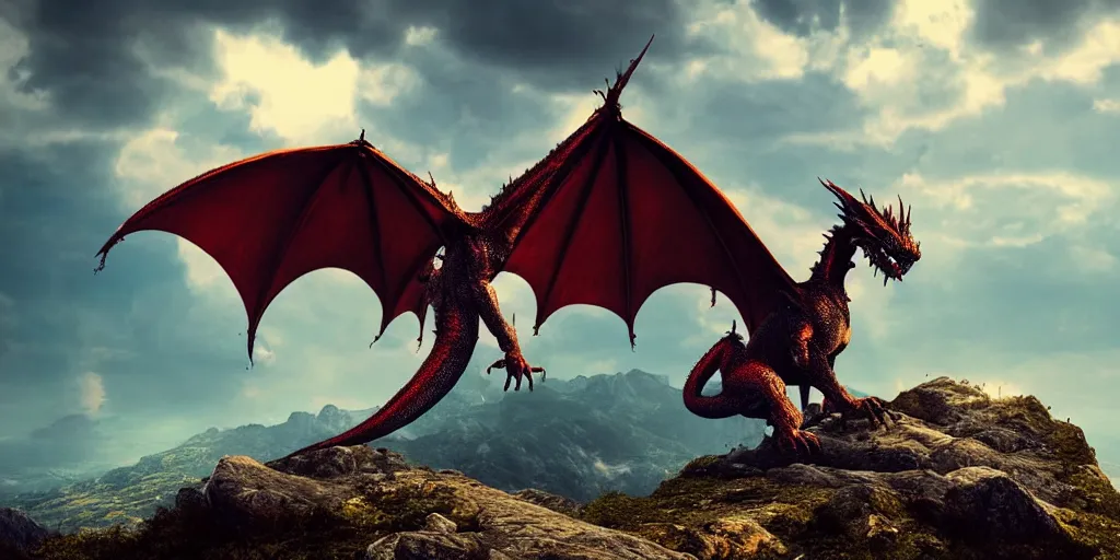 Image similar to A single simple dragon with half open wings breathing fire and standing on the top of a mountain, epic composition, epic lighting, detailed and intricate image, cinematic, 4K