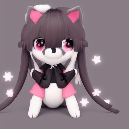 Image similar to cute fumo plush of a popstar wolf girl, anime girl, idol, tomboy, artstation, bubblegum pop, black and white, snowing, canine, v sign, vray