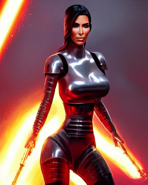 Image similar to kim kardashian : : young woman : : as hot star wars android woman by marvel trading card : : by greg rutkowski, wlop, instagram, unreal engine, : :