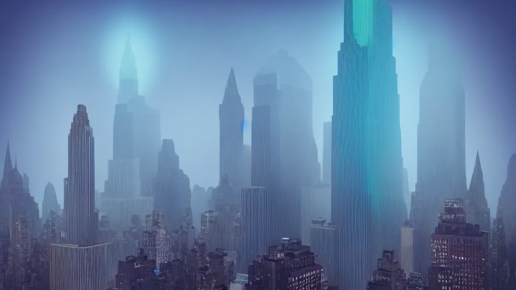 Image similar to Hulk sized Obama towers over a foggy Manhattan; render by Beeple, 4K