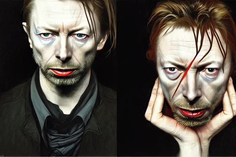 Image similar to hyper realistic portrait of wider faced thom yorke mixed with david bowie, bigger forehead, bigger chin, on a stage, by lee bermejo, alphonse mucha and greg rutkowski