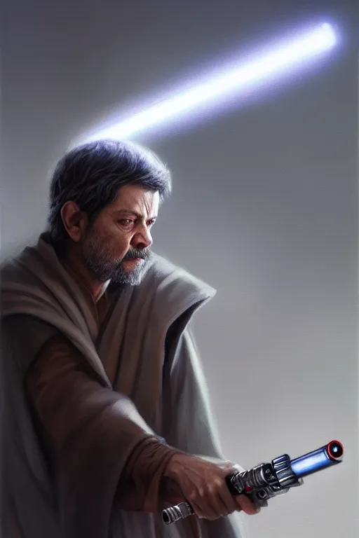 Image similar to breathtaking detailed concept art painting of a jedi luis inacio lula da silva holding a lightsaber, by hsiao - ron cheng, exquisite detail, extremely moody lighting, 8 k