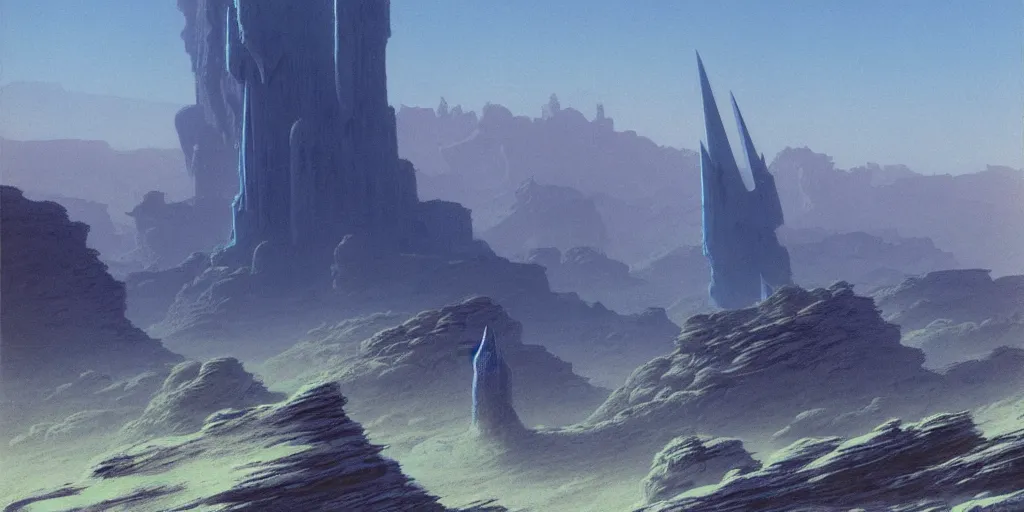 Prompt: grainy matte painting of gigantic huge mech with huge swords, pastel matte colors, staying in the toxic blue canyon, by moebius, hyperrealism, intricate detailed