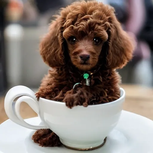Image similar to very realistic cute brown poodle puppy sitting inside a tea cup