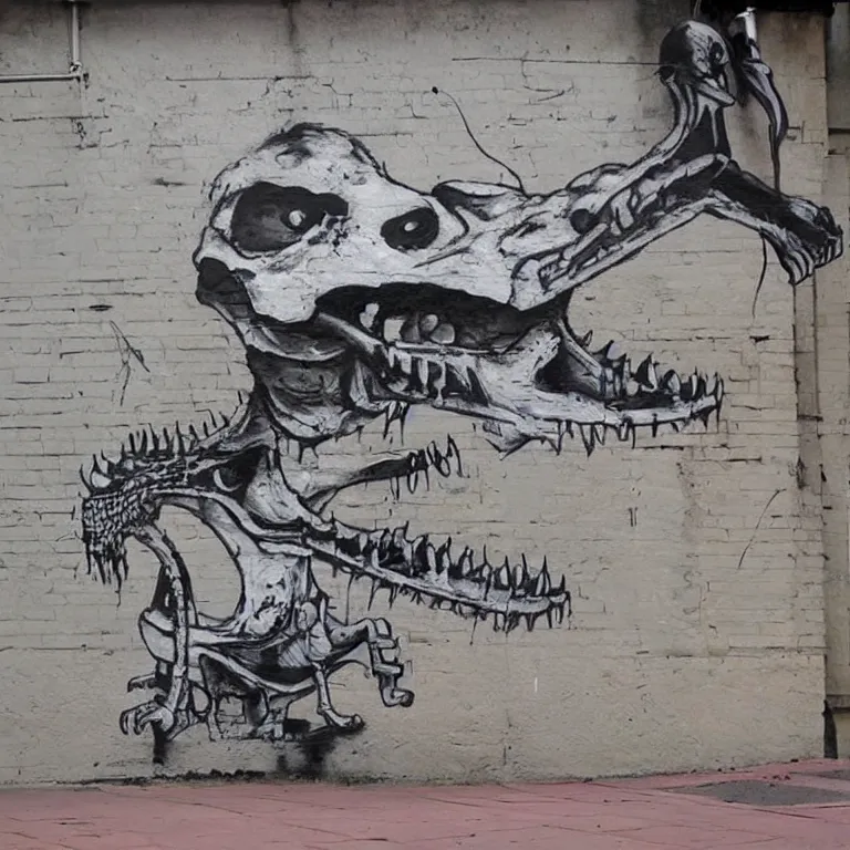 Prompt: Street-art painting of cute crocodile-skeleton in style of Banksy, comic character, cute skeleton, cartoon style, photorealism
