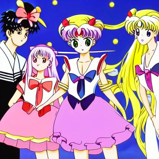 Prompt: sailor moon visiting tohru Honda and the sohma family, anime