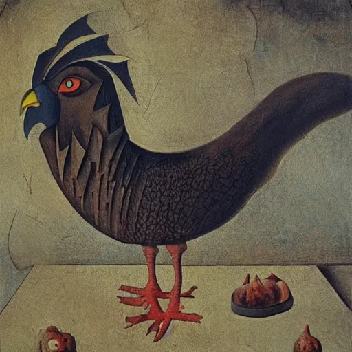 Prompt: a sinister chicken on drugs, by bosch