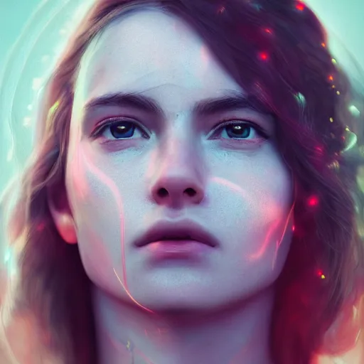 Image similar to portrait art of female angel, art by alessio albi 8 k ultra realistic, angel wings, lens flare, atmosphere, glow, detailed, intricate, full of colour, led lighting, trending on artstation, 4 k, hyperrealistic, focused, extreme details, unreal engine 5, masterpiece