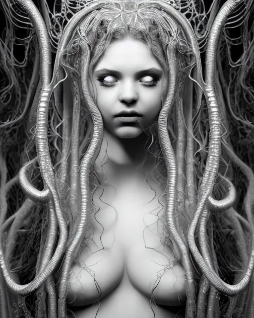 Image similar to mythical dreamy underwater artistic black and white 3 d render of a translucent beautiful young female angelic - medusa - vegetal - doll, highly detailed, intricate crystal ivy jelly ornate, poetic, translucent algae ornate, digital art, octane render, 8 k artistic photography, photo - realistic, hg giger flora borsi