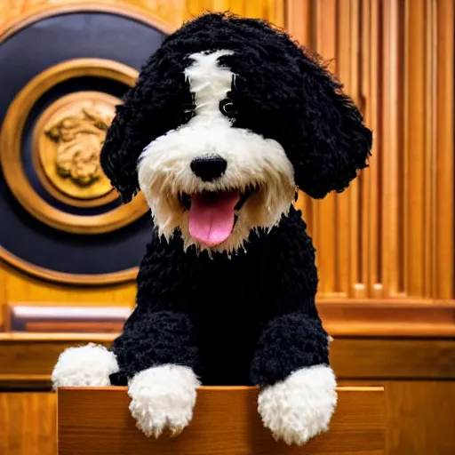 Image similar to a closeup photorealistic photograph of a cute smiling knitted bernedoodle judge dog dressed in a black gown, presiding over the courthouse. indoor image, professional capture, well lit shot. this 4 k hd image is trending on artstation, featured on behance, well - rendered, extra crisp, features intricate detail, epic composition and the style of unreal engine.