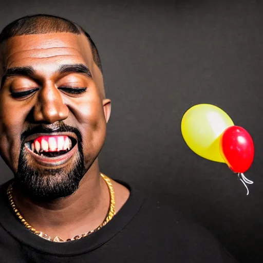 Image similar to a vintage studio portrait of kanye west clown with balloons behind him, black background, chiaroscuro lighting, camera focused on the face, close up portrait, shallow depth of field, 8 0 mm, f 1. 8