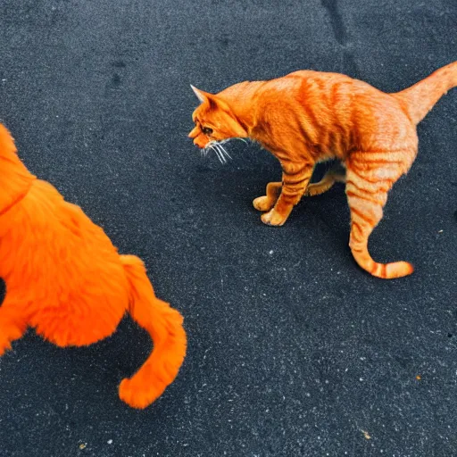 Prompt: a giant orange cat chasing after a little puppy dog