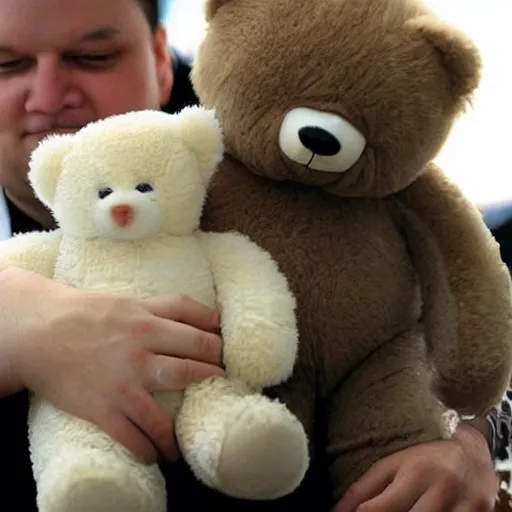 Prompt: Fluffy cute british shorthair hugging a teddybear